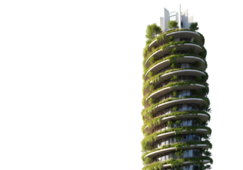 Modern green building with plants on balconies, isolated on transparent background, showcasing sustainable urban architecture and ecofriendly design