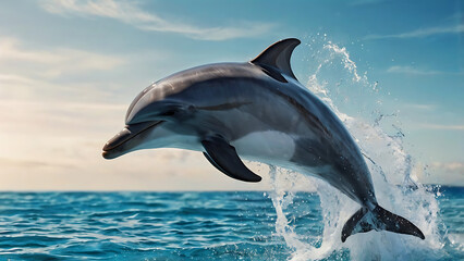 Fototapeta premium Graceful Power of Dolphins in Mid-Air Leaps Against Coastal Backdrops—Capturing Marine Beauty, Natural Motion, and Wildlife Wonder Stunning Ocean Scene Perfect for Nature Lovers, 8K image 
