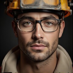 Fototapeta premium A closeup portrait of a construction worker wearing safety gear Professional Worker Portrait person employee capture subject in a way that resembles a still frame from a movie cine