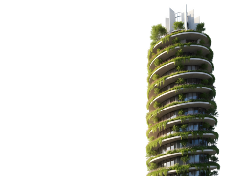 Modern green building with plants on balconies, isolated on transparent background, showcasing sustainable urban architecture and ecofriendly design