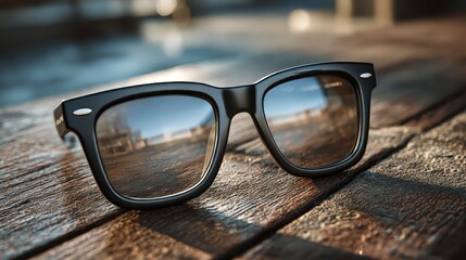 Black Wayfarer Sunglasses on Textured Wooden Surface with Reflections eyewear accessory