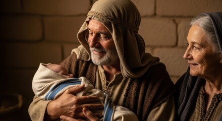 Elderly man holding a newborn baby and woman smiling beside him. Biblical times concept for family, lineage, and parenthood.