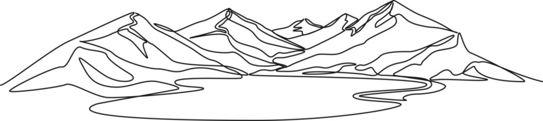 continuous single line drawing of mountain landscape with lake in foreground, line art vector illustration