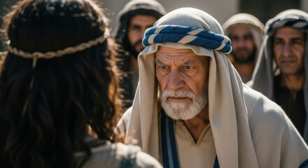 Elderly man with beard wearing middle eastern headscarf looking intently at woman. Historical biblical scene. Middle eastern people.