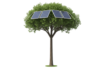 Tree with solar panels on top isolated on transparent background, representing green energy, sustainability, and environmental protection for future