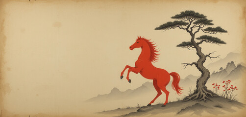 Red horse rearing up under bonsai, soft ink mountains in background. Minimalist Chinese scroll illustration. Wide banner with Copy space
