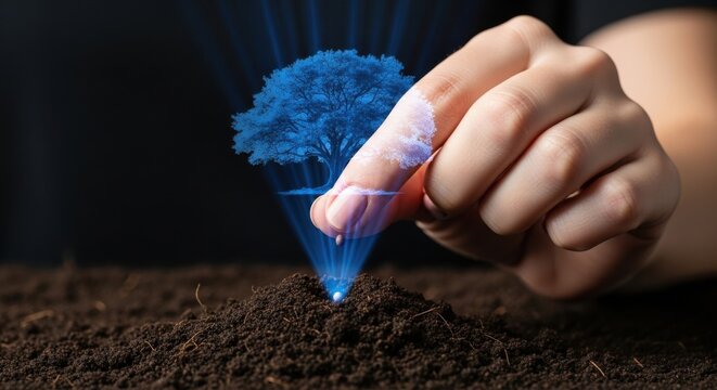 Woman planting a futuristic seed with a holographic tree growing. Concept of innovative agriculture technology for sustainable farming. - Powered by Adobe