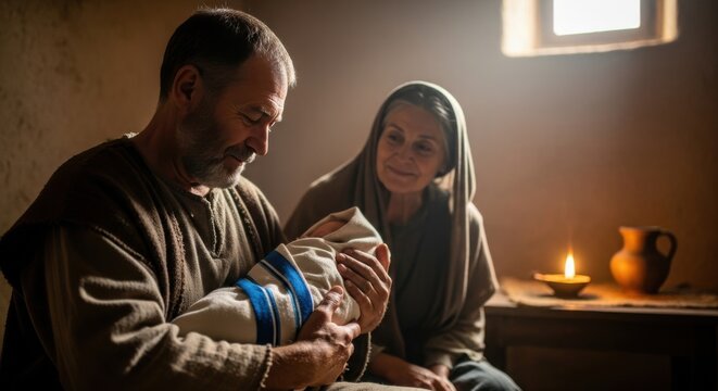 Man holding baby boy in biblical times. Woman sitting beside father with child. Religious family with infant.