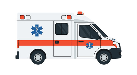 A white ambulance with a red stripe and blue Star of Life symbol is shown in a vector illustration.