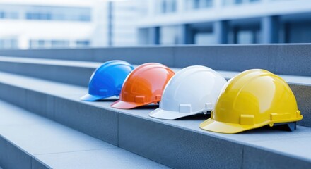 Four colorful safety helmets arranged on concrete steps outside a modern building, representing construction safety