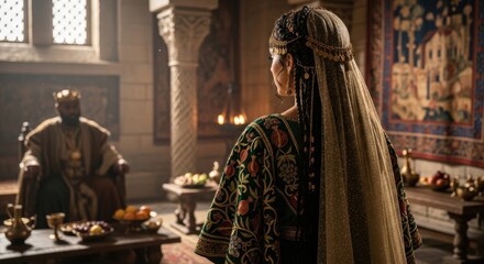 Woman standing before a man in a historical room, with biblical story and ancient king concept. Esther before the Persian king Artaxerxes