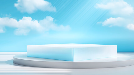 Minimalist 3D scene with translucent blue cube on white circular platform under bright sky. Ideal for product mockups, branding, or futuristic design concepts.