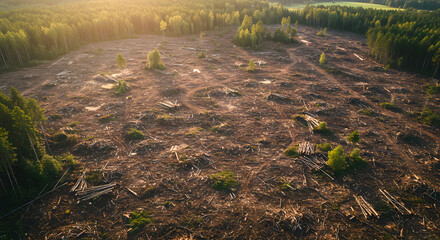 Aerial view of a cleared forest area showing logging debris and remaining trees at sunset