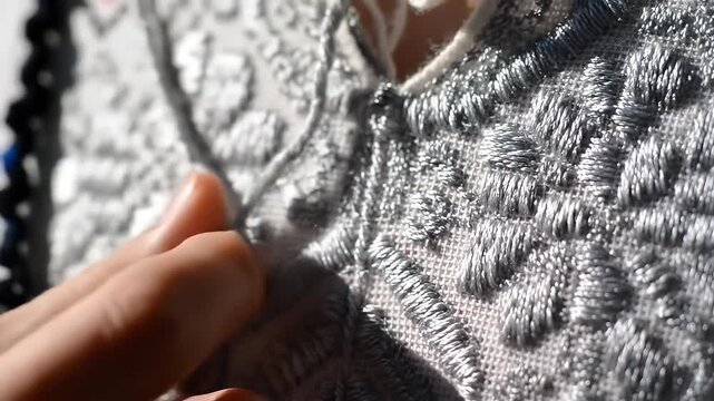 Close-up shot of a hand touching textured silver fabric with a repeating leaf-like pattern in sunlight