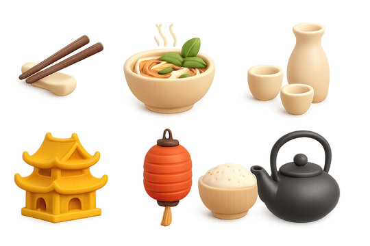 3d icons of traditional asian cuisine and culture elements