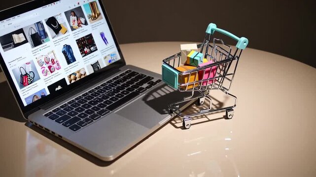 E-commerce website accessed on computer with miniature cart representation