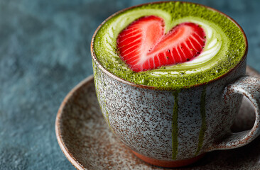 Green tea matcha latte with whipped cream and strawberry, selective focus