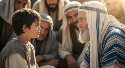 Fototapeta premium Young boy child Jesus at twelve sits in the temple among teachers, listening. Biblical scripture concept for religious studies.