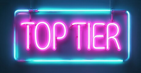 Bright neon sign displays TOP TIER text. Turquoise outline surrounds vibrant pink lettering. Dark background enhances glow.