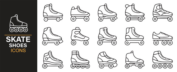 Outline icons of roller skates and inline skate shoes for sport, hobby, and lifestyle design.