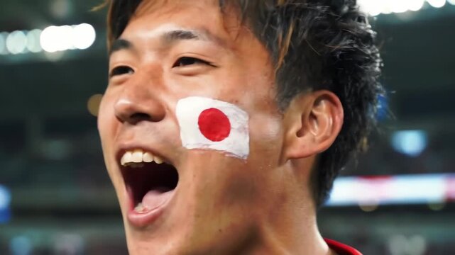 closeup of young asian man with painted japanese flag on his cheek, expressing joy and excitement. spirit and energy of sports fandom. sportive event, japan cultural celebration, and fan activity