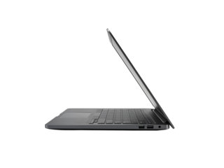 Sleek modern laptop computer viewed from the side with screen open against a dark backdrop transparent background