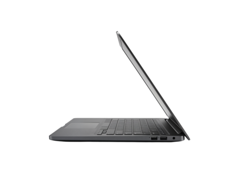 Sleek modern laptop computer viewed from the side with screen open against a dark backdrop transparent background