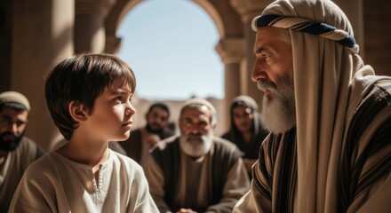 Fototapeta premium A young boy, Jesus, in a temple, surrounded by wise men and teachers. Biblical Christian story for religious education.