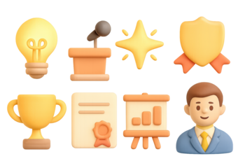 Professional success and achievement icons in 3d cartoon style