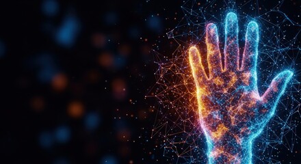 Futuristic glowing hand illustration symbolizing technology and connectivity against a dark background