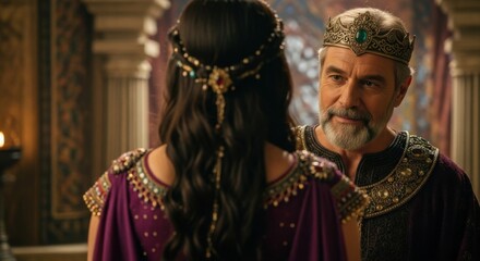 A woman in an old dress stands before the king on the throne. Biblical scene: Esther approaches Artaxerxes, and Salome approaches King Herod.