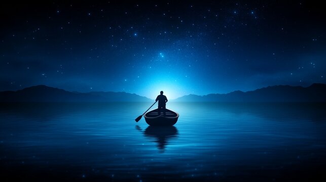 A lone figure in a canoe paddles through serene waters illuminated by the moonlight against a starry backdrop