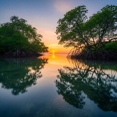 Sunrise over mangrove trees reflected in calm water.