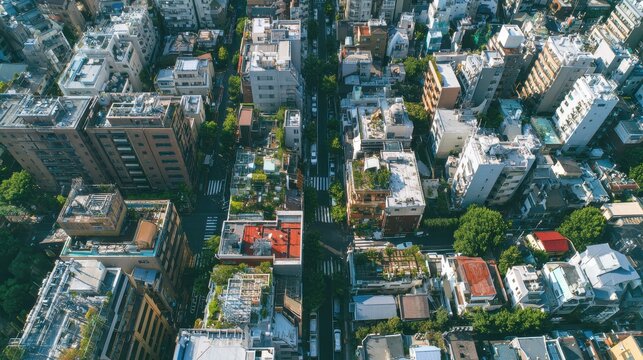 Aerial view captures dense residential area with streets in Shibuya, Tokyo