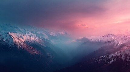 Obraz premium illustration from a high, aerial perspective, looking down on a range of snowy mountains. The valleys below are shrouded in soft, misty shadows, while the peaks are brilliantly lit by the vibrant, 