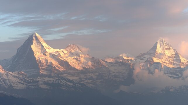 serene panorama of snow-covered mountain peaks glowing in soft golden and pink hues from the setting sun, with a pastel gradient sky above, ideal for tranquil winter themes and inspirational 