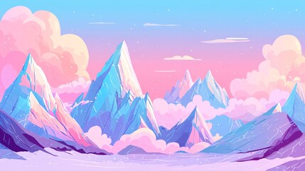 mountain landscape with snowy summits illuminated by fading sunlight, sky melting into soft pinks and purples, clear white snow reflecting ambient light, large open sky suitable for promotional 