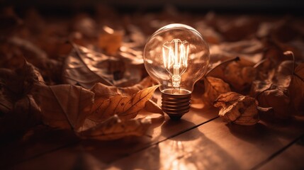 A bright light bulb glows warmly casting its soft light upon crisp brown autumn leaves
