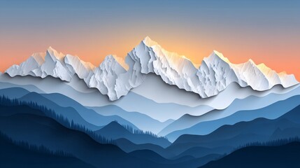 mountain range during winter sunset, layered mountain silhouettes fading into distance, soft light on snowy caps, smooth pastel sky transitions, designed with clear sky space ideal for print 