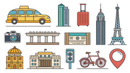 Flat Icons Representing Various Travel and City Elements