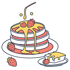 Stack of pancakes with syrup, butter, and berries