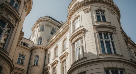 An upward view of a grand creamcolored historical building with ornate architectural details and arched windows against a clear blue sky