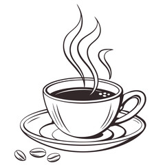 Steaming cup of coffee with beans drawing