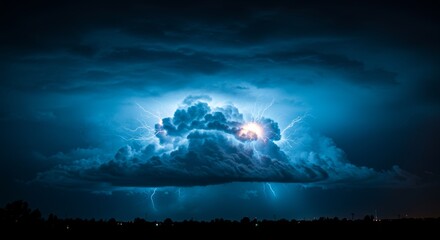 Captivating spectacle of a luminous blue cloud storm at night, energy explosions