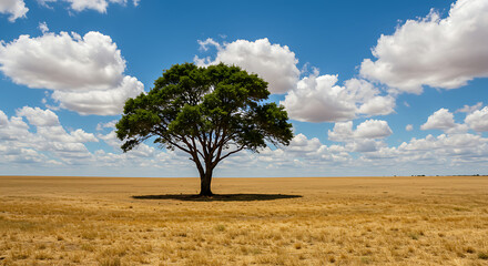 Obraz premium A Majestic Lone Tree Stands Resiliently in a Vast Golden Grassland Under a Brilliant Blue Sky Adorned with Fluffy White Clouds.