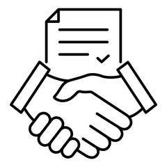Handshake with document and checkmark. Business teamwork concept. Contract line icon. Financial deal pictogram. Vector isolated on white.