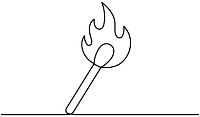 Burning match continuous line drawing. Vector illustration isolated on white.