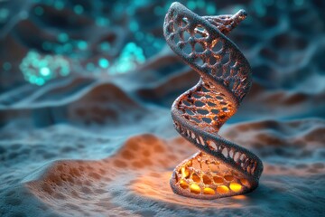 Glowing metallic DNA double helix rests on a textured surface, illuminated from below, depicting genetic code.