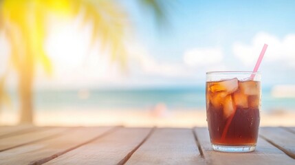 Refreshing iced beverage on a seaside wooden table during sunny day