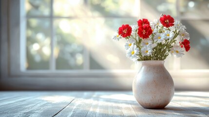 Beautiful bouquet of red and white daisies arranged in a rustic ceramic vase on a wooden table near a bright window with sunlight streaming in, creating a warm and inviting atmosphere